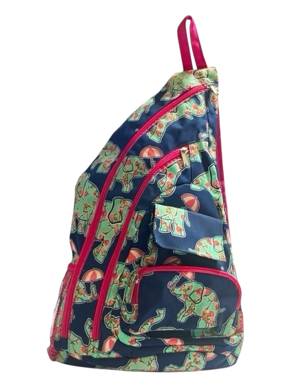 N.Gil Cute Elephant Print Sling Backpack Navy Pink Canvas Crossbody Travel Bag